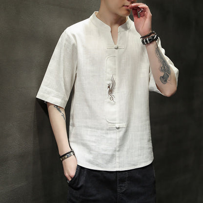 Mythstone Frog-Button Phoenix Embroidery Chinese Tang Suit Short Sleeve Shirt Cotton Linen Men Clothing