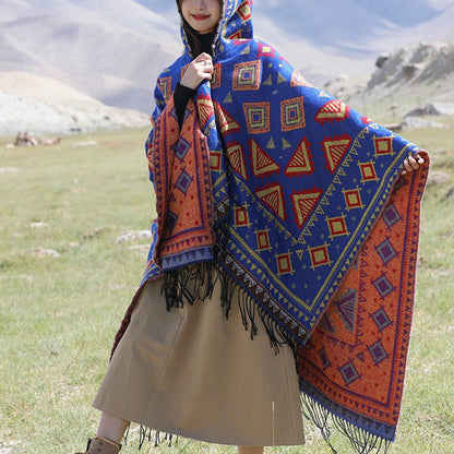 Chal tibetano Mythstone con capucha y estampado de triángulos, bufanda de viaje acogedora para el invierno