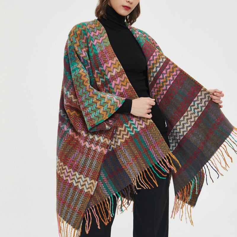 Mythstone Tibetan Shawl Colorful Wavy Line Tassels Winter Cozy Travel Scarf Wrap