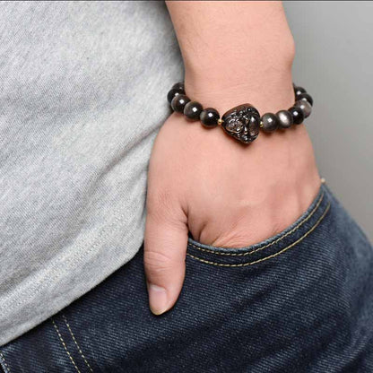 Mythstone Silver Sheen Obsidian Lotus Flower Nine Tailed Fox Laughing Buddha Protection Bracelet