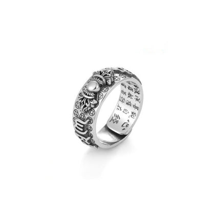 Mythstone Tibetan 990 Sterling Silver Om Mani Padme Hum PiXiu Dorje Vajra Heart Sutra Engraved Wealth Ring