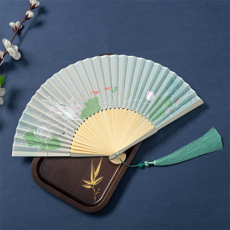 Mythstone Lotus Begonia Flower Jasmine Handheld Bamboo Folding Fan 21cm