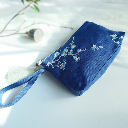 Mythstone Small Flower Plum Cherry Crane Peach Blossom Embroidery Canvas Wallet Shopping Purse