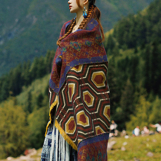 Mythstone Tibetan Shawl Brown Blue Red Geometric Shapes Pattern Winter Cozy Travel Scarf Wrap