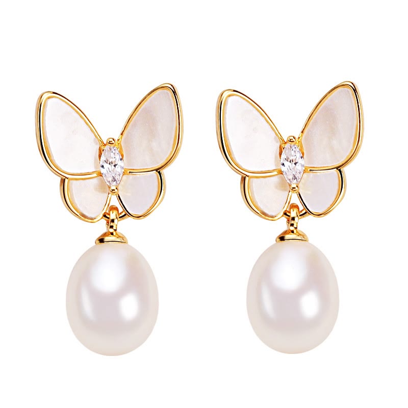 Mythstone 925 Sterling Silver Posts 18K Gold Plated Copper Pearl Butterfly Optimism Stud Earrings