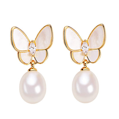 Mythstone 925 Sterling Silver Posts 18K Gold Plated Copper Pearl Butterfly Optimism Stud Earrings