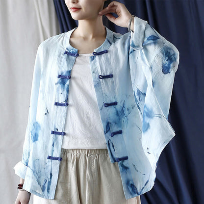 Mythstone Tie Dye Blue Flowers Frog-Button Design Long Sleeve Ramie Linen Jacket Shirt