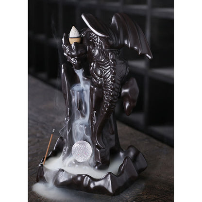 Mythstone Nordic Dragon Ceramic Backflow Smoke Fountain Meditation Healing Incense Burner Led Ball Decoration