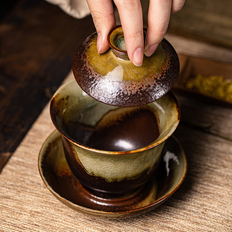 Mythstone Vintage Brown Kiln Change Design Porcelain Ceramic Gaiwan Sancai Teacup Kung Fu Tea Cup And Saucer With Lid