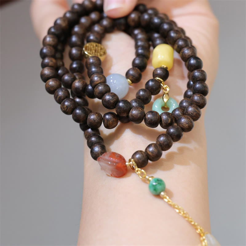 Mythstone 108 Mala Beads Brunei Agarwood Amber Red Agate Peace Buckle Jade Peace Bracelet