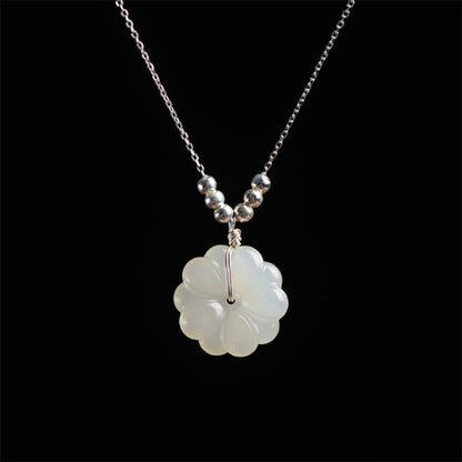 Mythstone 925 Sterling Silver Hetian White Jade Cosmos Flower Happiness Necklace Pendant