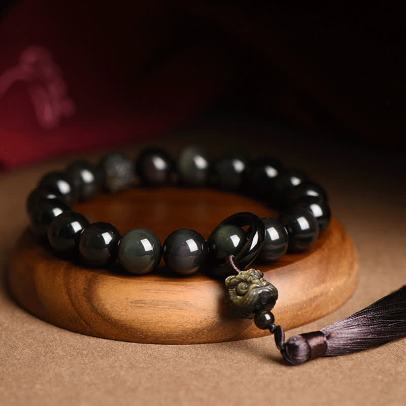 Mythstone Natural Black Obsidian Lion Wrist Mala Protection Tassels Pocket Mala Car Decoration