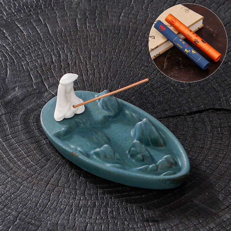 Mythstone Fisherman Mountains Zen Healing Ceramic Stick Incense Burner Decoration