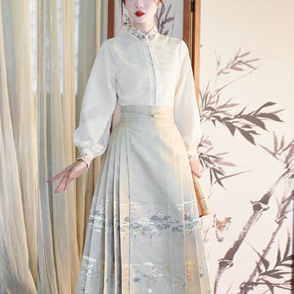 Mythstone Long Sleeve Shirt Top Chinese Hanfu Crane Lotus Printed Horse Face Skirt Mamianqun