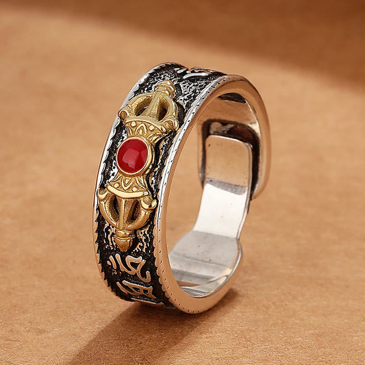 Mythstone Tibetan Om Mani Padme Hum Red Agate Dorje Vajra Design Wisdom Ring