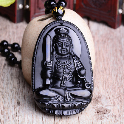 Mythstone Chinese Zodiac Obsidian Buddha Amulet Protection Pendant Necklace