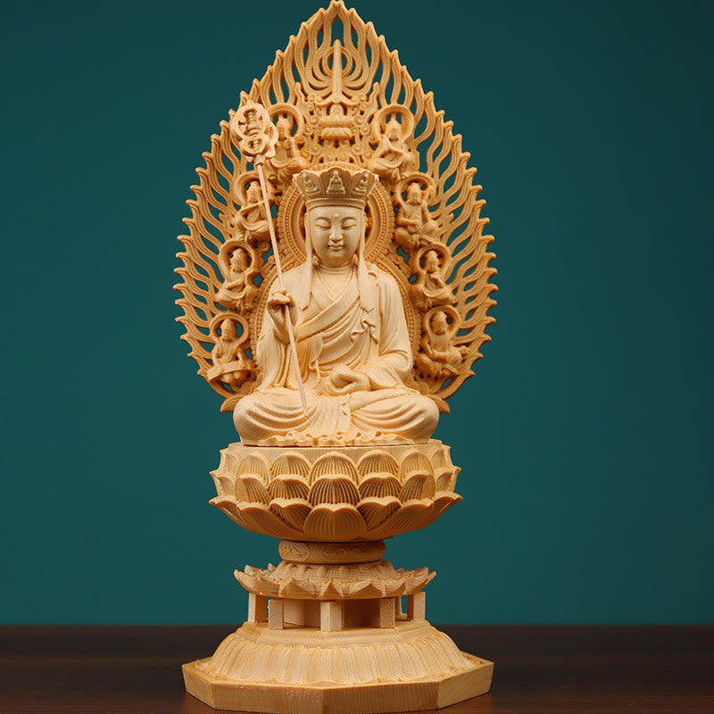 Mythstone Handmade Sakyamuni Kwan Yin Avalokitesvara Ksitigarbha Bodhisattva Statue Boxwood Grounding Home Decoration