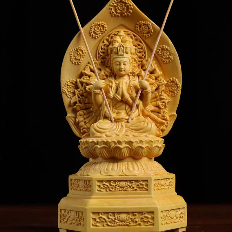 Mythstone Handmade Thousand-armed Avalokitesvara Kwan Yin Bodhisattva Statue Boxwood Abundance Home Decoration