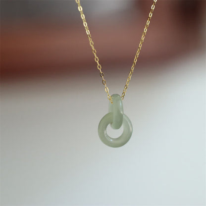 Mythstone 925 Sterling Silver Natural Double Peace Buckle Hetain Jade Luck Necklace Pendant