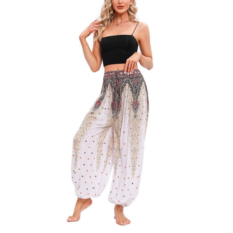 Mythstone Peacock Feather Pattern Loose Harem Trousers Women's Yoga Pants