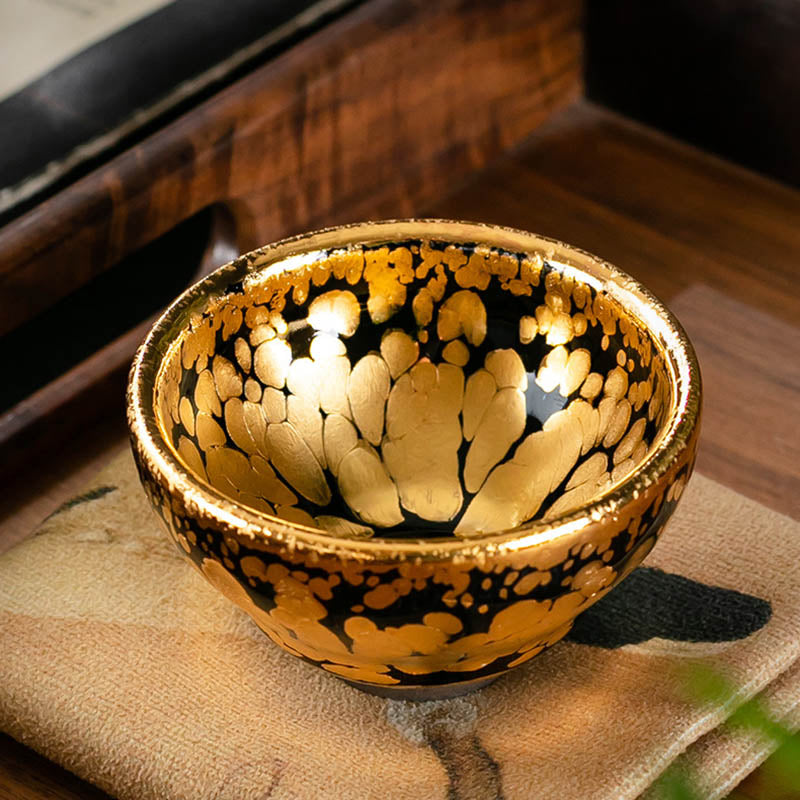 Mythstone 24K Gold Spot Pattern Chinese Jianzhan Ceramic Teacup Kung Fu Tea Cup Bowl With Gift Box