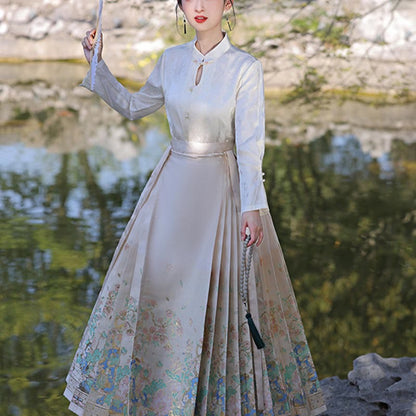 Mythstone Beige Summer Lotus Flowers Pond Printed Chinese Hanfu Horse Face Skirt Mamianqun