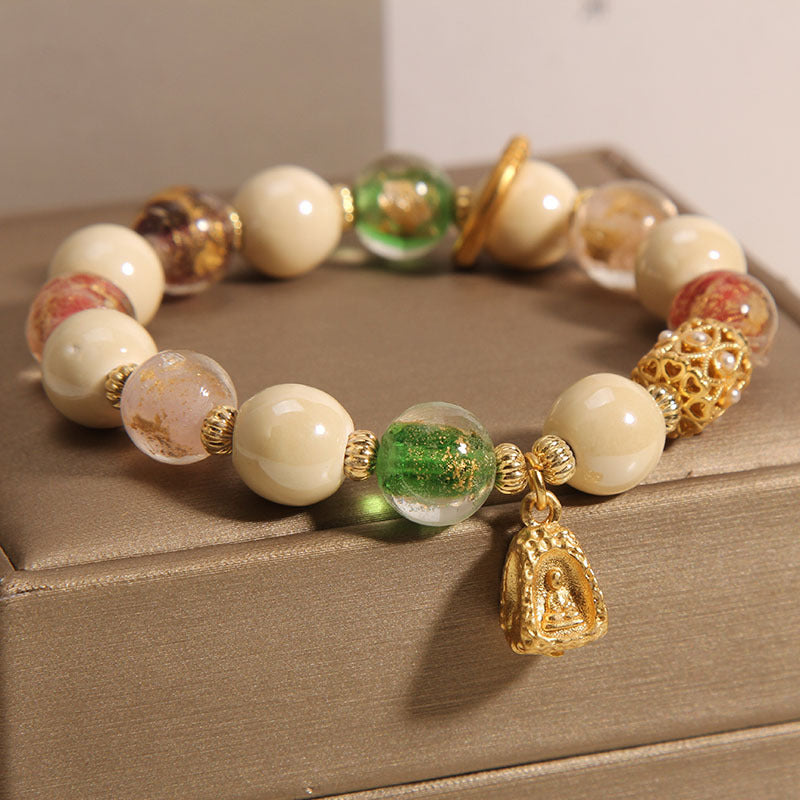 MythStone Tibetan Multicolored Liuli Glass Bead Buddha Lotus Charm Enlightenment Bracelet