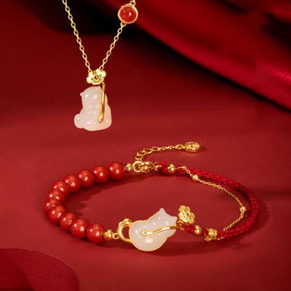 Mythstone 925 Sterling Silver Plated 18K Gold Hetian Jade Ruyi Cat Cinnabar Luck Bracelet Necklace Pendant Set