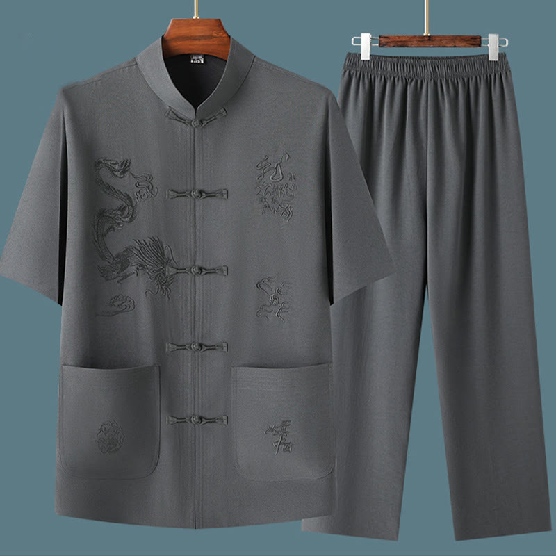 Mythstone Tang Suit Hanfu Chinese Dragon Traditional Kung Fu Uniform Short Sleeve Tops and Pants Clothing Men's Set