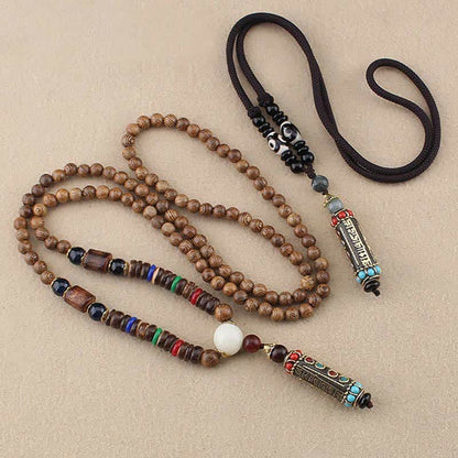 Mythstone Tibetan Om Mani Padme Hum Dzi Bead Wenge Wood Necklace Pendant