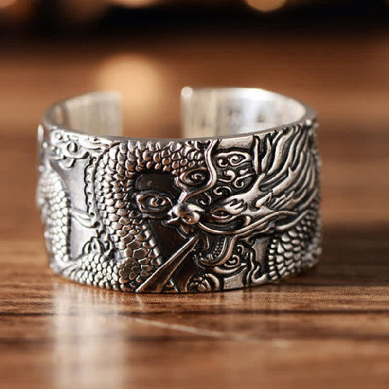 Mythstone 999 Sterling Silver Dragon Carved Pattern Protection Success Ring