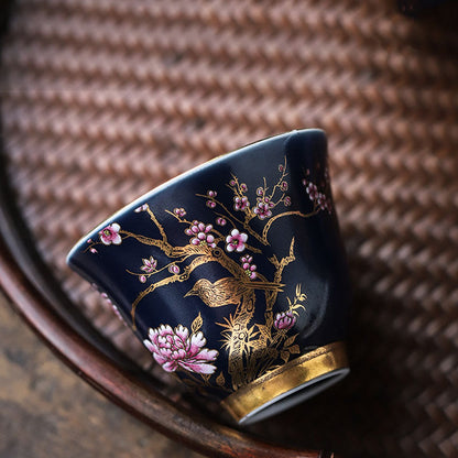 Mythstone Golden Magpie Peony Flower Ceramic Teacup Kung Fu Tea Cup