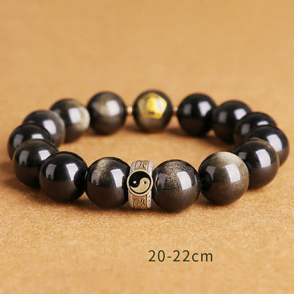 Mythstone 925 Sterling Silver Black Obsidian Gold Sheen Obsidian Silver Sheen Obsidian Yin Yang Protection Bracelet