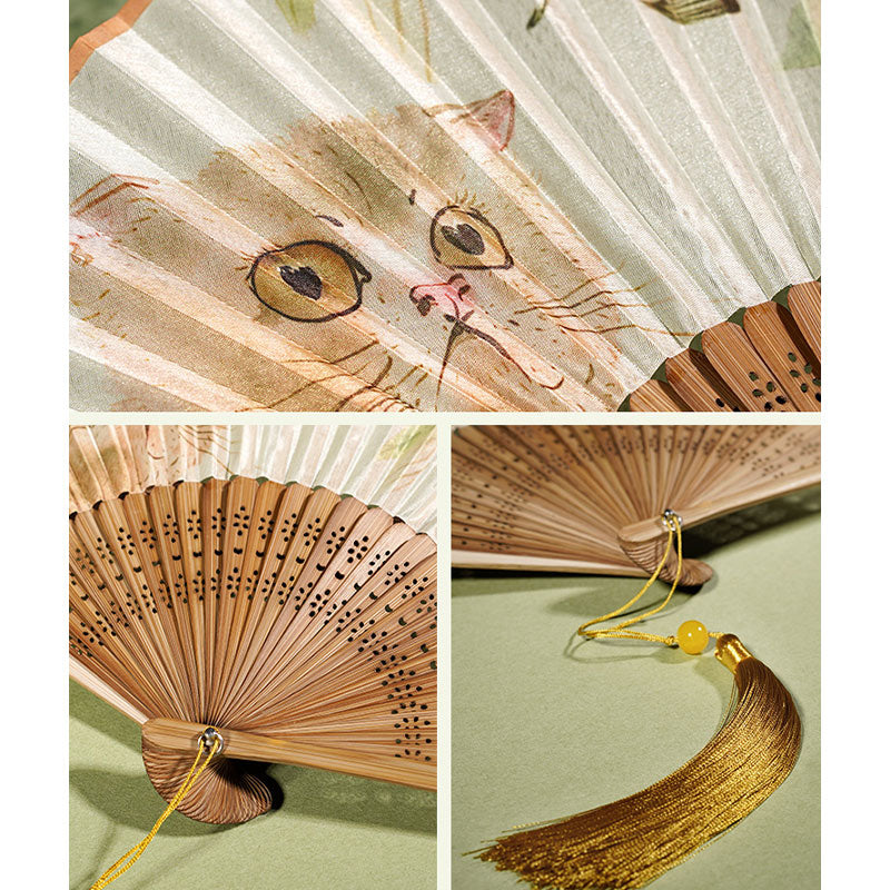 Mythstone Cute Cat Butterfly Flowers Pattern Handheld Silk Bamboo Folding Fan 21cm