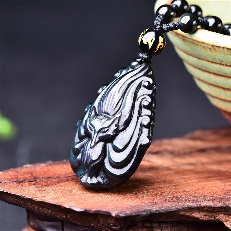 Mythstone Natural Rainbow Obsidian Nine Tailed Fox Inner Peace Necklace Beaded String Pendant