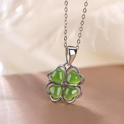 Mythstone 925 Sterling Silver Hetian Cyan Jade Lucky Four Leaf Clover Healing Necklace Pendant