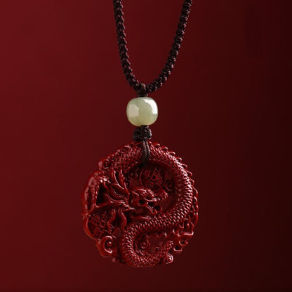 Mythstone Year Of The Dragon Natural Cinnabar Hetian Jade Bead Copper Coin Attract Wealth Strength Necklace Pendant