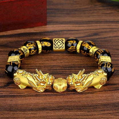 Mythstone FengShui Double PiXiu Obsidian Om Mani Padme Hum Wealth Bracelet