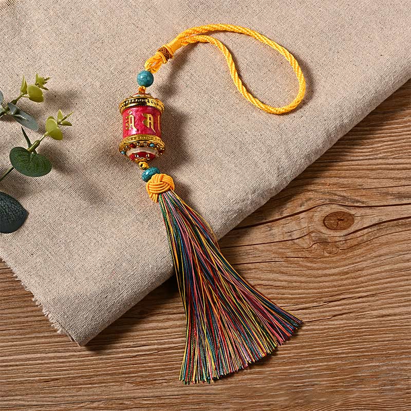 Mythstone Tibet Om Mani Padme Hum Prayer Wheel Colorful Tassels Bag Car Hanging Decoration