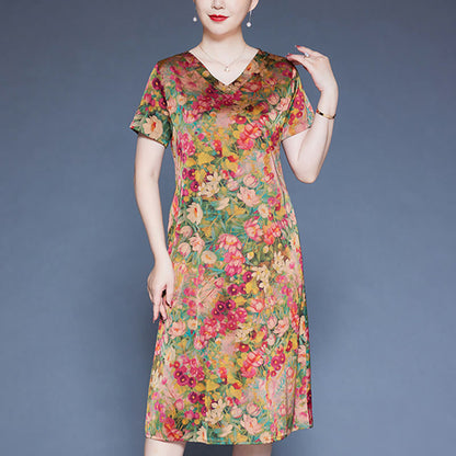 Mythstone V-Neck Green Red Peony Colorful Flowers Short Sleeve Midi Dress With Pockets