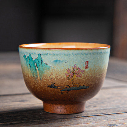 Mythstone Colorful Deer Pipa Snow Plum Blossoms Mountains Rivers Bird Ceramic Teacup Kung Fu Tea Cup Bowl