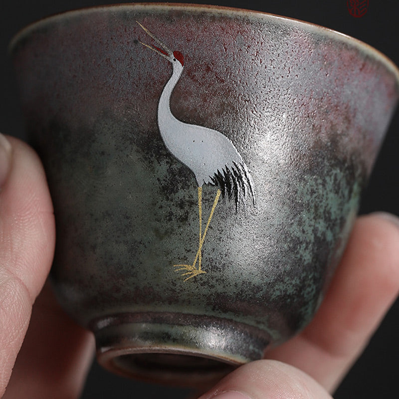 Mythstone Auspicious Crane Ceramic Teacup Kung Fu Tea Cup Bowl