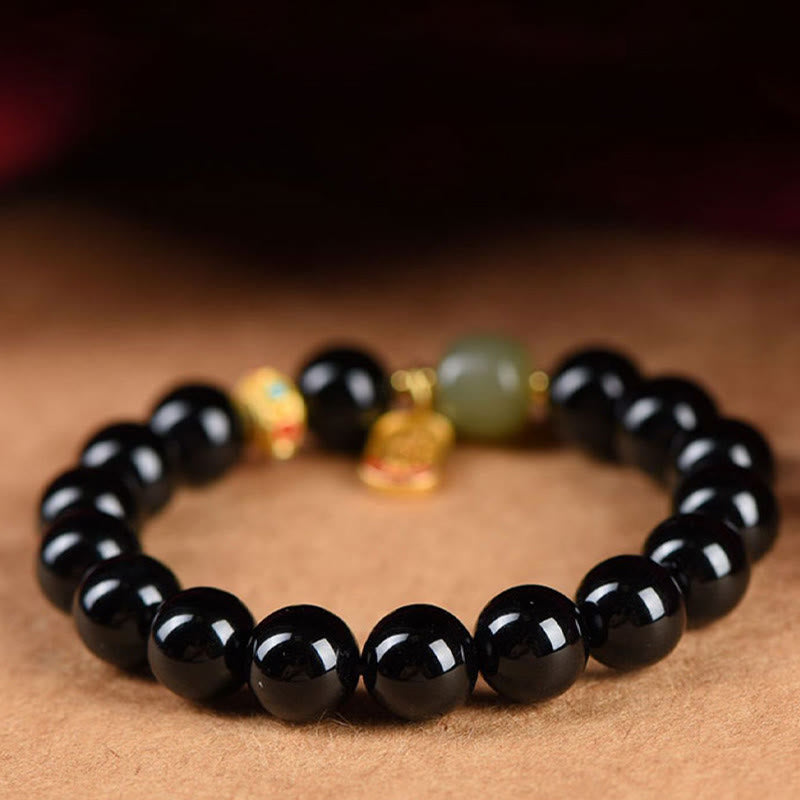 Mythstone Black Onyx Hetian Jade Bead Lucky Fortune Charm Bracelet