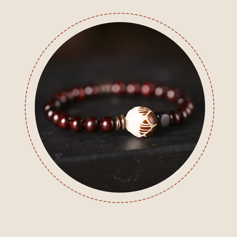 Mythstone Small Leaf Red Sandalwood Lotus Bodhi Seed Carved Protection Double Wrap Bracelet