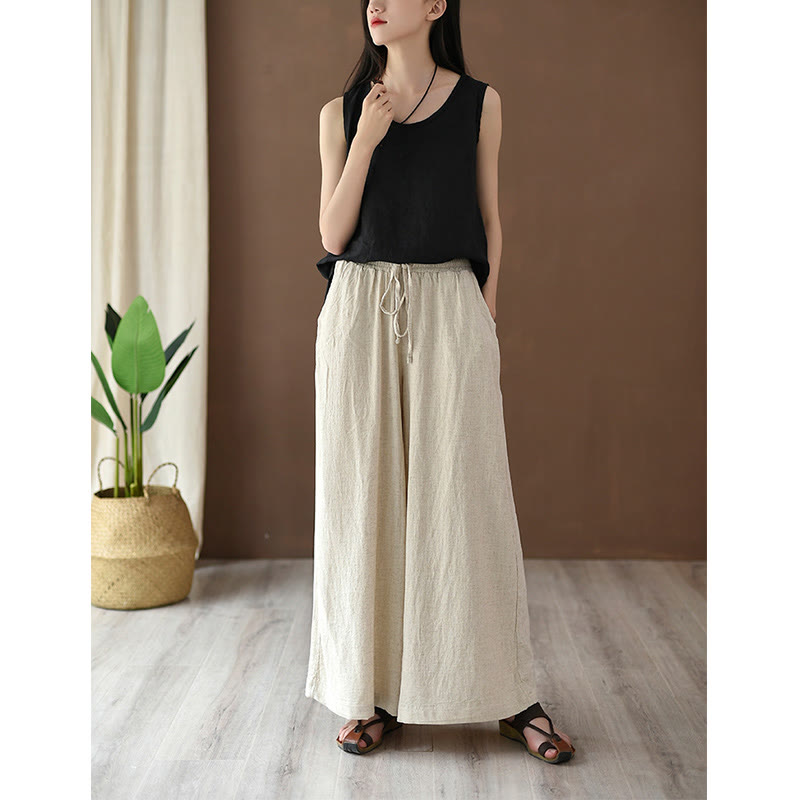 Mythstone Loose Cotton Linen Drawstring Wide Leg Pants With Pockets