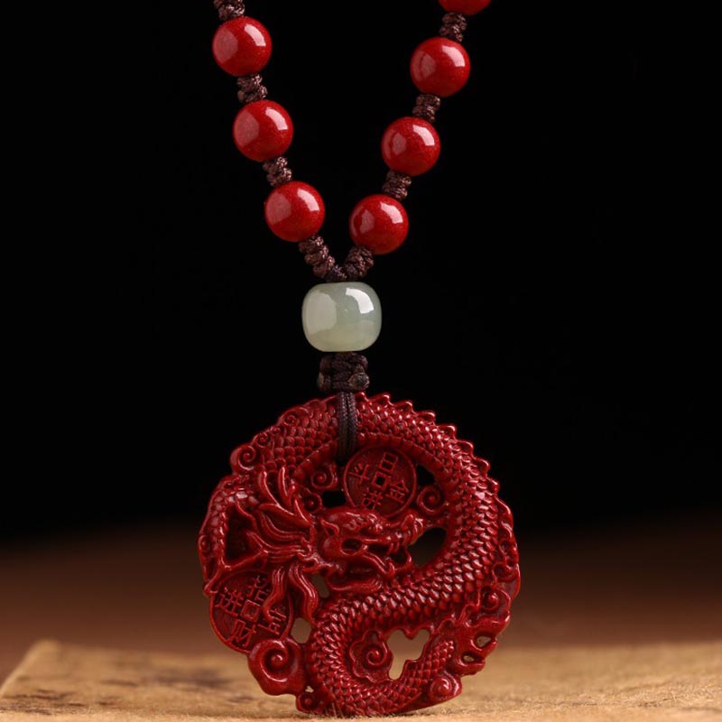 Mythstone Year Of The Dragon Natural Cinnabar Hetian Jade Bead Copper Coin Attract Wealth Strength Necklace Pendant