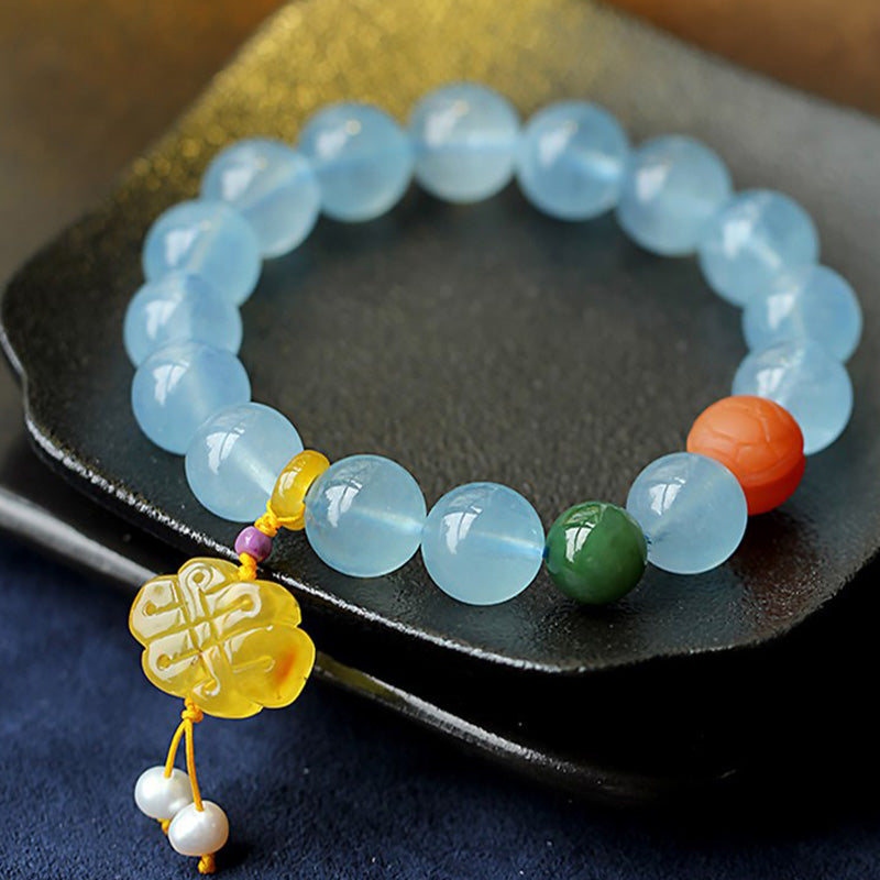 Mythstone Natural Aquamarine Amber Chinese Knotting Charm Peace Bracelet