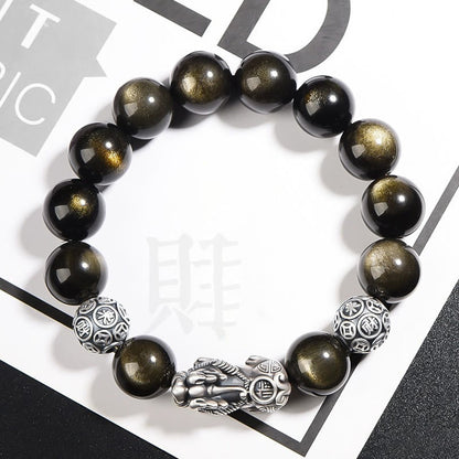 Mythstone 925 Sterling Silver Natural Gold Sheen Obsidian PiXiu Wealth Protection Bracelet