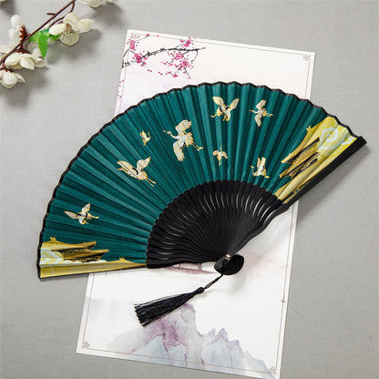 Mythstone Flying White Crane Sun Cloud Handheld Silk Bamboo Folding Fan 22cm