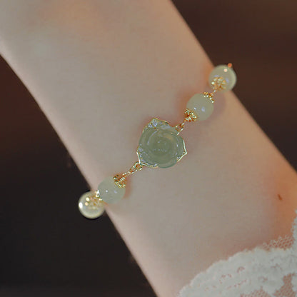 Mythstone 14K Gold Plated Hetian Jade Rose Flower Luck Chain Bracelet